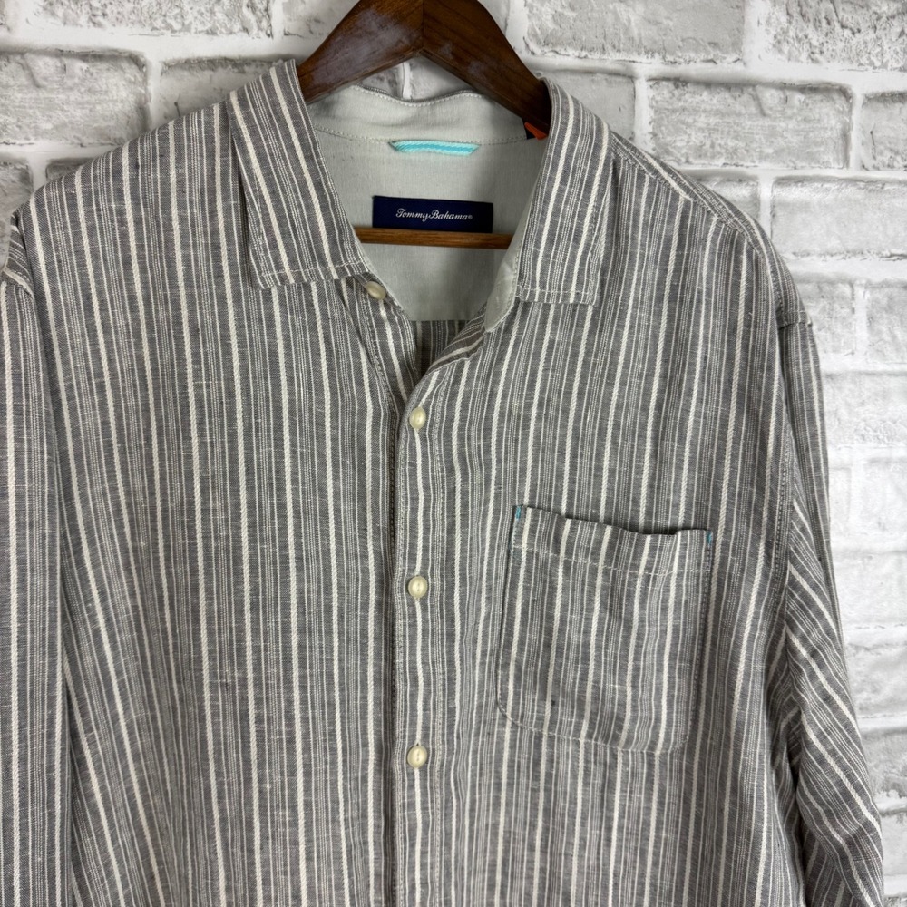 Tommy Bahama Mens XL Grey White Striped 100% Linen Long Sleeve Button Down Shirt